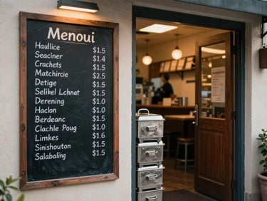 Entrance of a small town restaurant with a hand-painted menu board, steel tiffin carriers stacked near the door, warm evening light from inside