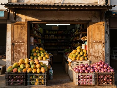 Storefront of a small grocery shop in Birpara with crates of mangoes and onions displayed outside, open wooden shutters, golden afternoon sunlight on the facade