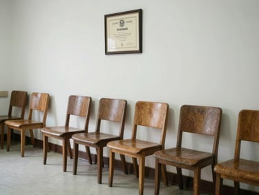 Small-town Indian clinic waiting area in daylight — wooden chairs lined against a white wall, a framed doctor's certificate on the wall, clean and quiet, no people