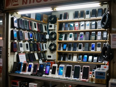 Interior of a small-town Indian electronics shop — phone display stands with handsets, charger cables hanging, bright tube lighting, no staff or customers visible