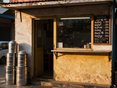 Roadside dhaba exterior in North Bengal afternoon light — steel tiffin carriers stacked near the door, handwritten menu board on the wall, warm golden light hitting the front counter