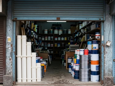 Narrow hardware shop entrance in a North Bengal market lane — stacks of PVC pipes, paint tins, and wire spools visible inside, natural daylight from the open shutter front