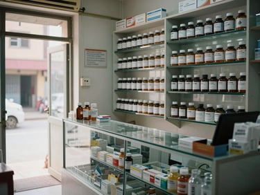 Interior of a small pharmacy in North Bengal, medicine bottles arranged in rows on shelves with printed labels, a counter with a glass display case, natural daylight from the entrance