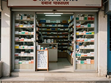 Indian pharmacy storefront in daylight — medicine racks visible through open shutter, small handwritten board listing common medicines, clean tiled floor, no people