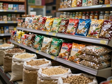 Close-up of a well-stocked grocery shop counter in Birpara — rows of branded packaged goods, loose grains in sacks at front, warm indoor shop lighting, no people