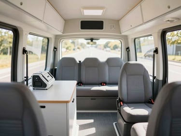 Modern, clean specialized transit van interior, showing secure seating and medical equipment, bright natural daylight
