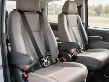 Close-up interior shot of secure vehicle seating and safety equipment, emphasizing cleanliness and functionality, bright natural daylight, medium depth of field.
