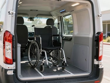 Rear interior of a specialized transit vehicle, showing a secure wheelchair ramp and tie-downs, clean and modern, bright natural daylight