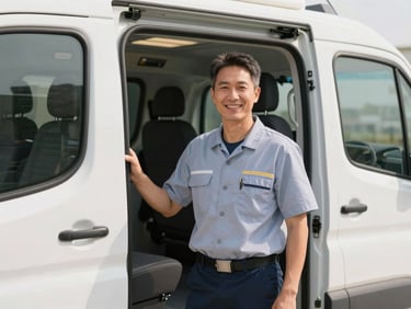 Professional operator in a clean uniform, smiling reassuringly, standing beside a specialized transit vehicle, bright natural daylight, soft warm tones, professional photography.