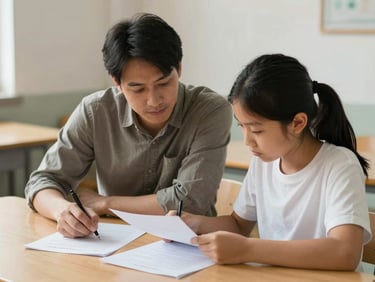 An adult instructor and a student looking over papers at a wooden table, soft natural side light, authentic candid moment.