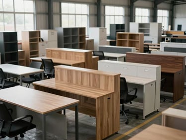 Environmental wide shot of flat-packed office furniture stacked in a warehouse aisle — desks, chairs, and filing cabinets in factory packaging, daylight from warehouse windows, organized rows