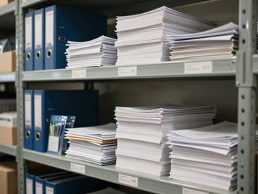 Detail shot of shelved office supplies — reams of paper, binders, stationery in branded packaging, organized on steel shelving under neutral warehouse lighting, labels facing forward