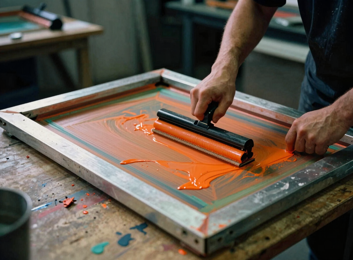 Hands pulling a squeegee with bright orange ink across a screen print frame, messy wooden table, paint splatters, dramatic industrial daylight, 35mm film grain