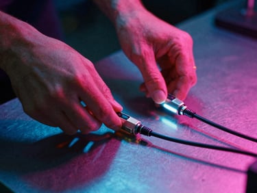 Extreme close-up of hands adjusting glowing video cables on a metal workbench, neon projector light casting blue and pink shadows, raw studio setting, 35mm film grain