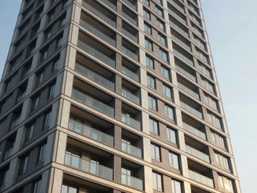 Modern high-rise luxury apartment facade in Alkapuri, clean architectural lines, evening lighting