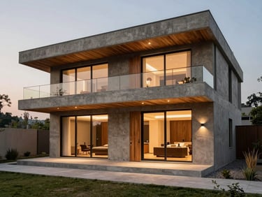 Contemporary luxury villa exterior in Bhayli, architectural concrete and warm wood accents, twilight