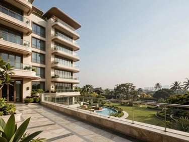 Sun-drenched luxury penthouse balcony in Vasna, overlooking manicured gardens, modern Indian architecture