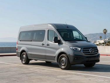 Clean modern executive transport van parked in a structured coastal Southern California corporate environment, slate gray tones, 35mm