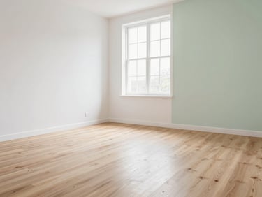 Bright interior photography of an empty bright room with pristine wooden floors, clean white walls, natural daylight pouring through a large window, sharp focus, 35mm