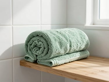 Bright interior photography of an immaculate sunlit bathroom with white tiles, a rolled sage green towel on a wooden shelf, soft daylight, sharp focus, 35mm