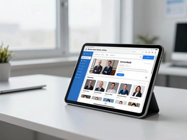 A modern tablet displaying local social media marketing analytics, clean office desk, bright morning window light, sharp focus