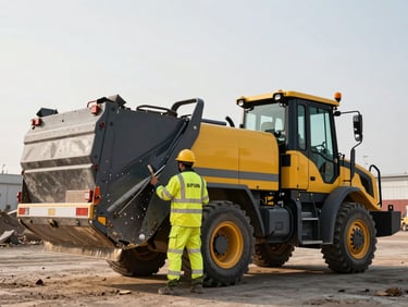 Wide shot of a heavy-duty construction site cleanup vehicle removing debris, high-visibility safety gear, bright overcast daylight, sharp focus, industrial commercial photography, 35mm.