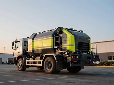 Low-angle heroic shot of a large regenerative air sweeper truck, safety yellow accents, operating on a clean commercial parking lot at dawn, sharp focus, industrial commercial photography, early morning golden hour, 35mm.
