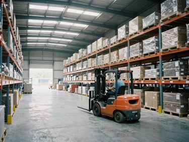 A high-bay warehouse interior with clean, organized racking systems and a forklift operator moving cargo under natural skylight.