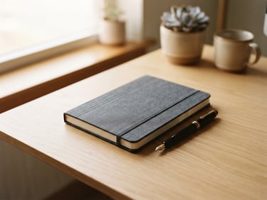 An elegant minimalist workspace, a high-quality closed legal notebook with a classic fountain pen resting on a light oak desk, soft morning window light, warm beige and deep charcoal tones, 35mm photography.