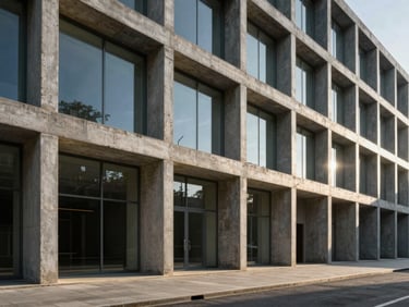 Gros plan héroïque à angle bas d'une structure en béton brut juxtaposée à des panneaux de verre poli, ombres nettes de fin d'après-midi, esthétique architecturale minimaliste.
