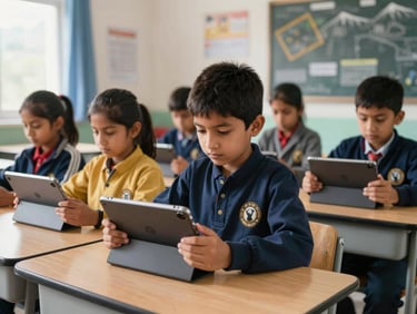 Dignified eye-level shot of children in a bright classroom in Himachal Pradesh using modern tablet devices, natural mountain light, 35mm lens