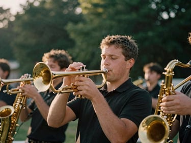 Medium close-up of a live brass band playing trumpet and saxophone under warm golden-hour sunlight, rich deep greens and gold tones in background, shallow depth of field, 35mm film