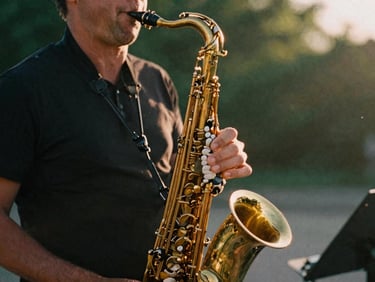 Cinematic medium shot of a live musician playing a brass saxophone, warm golden-hour afternoon sun, shallow depth of field, 35mm film