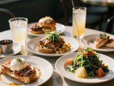 Close-up of premium brunch dishes and craft cocktails on a sunlit table at SV Lounge, warm golden-hour daylight, shallow depth of field, 35mm film