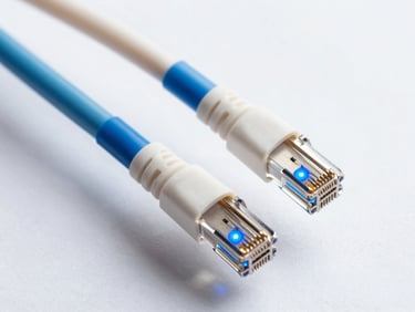 Ultra-sharp macro close-up of high-speed network fiber optic cables with glowing blue light indicators