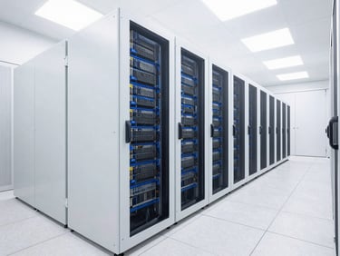 Crisp architectural wide-angle view of a clean, modern data center aisle with white server racks and blue accents