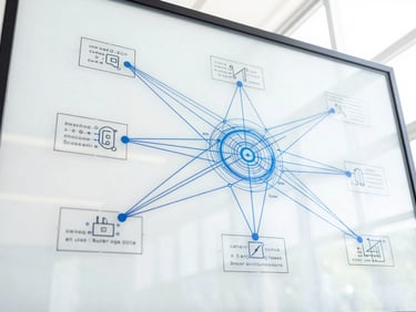 High-key daylight shot of a technical network diagram displayed on a clean glass screen with natural light reflections