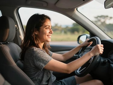 First-person passenger seat perspective of a smiling Brazilian rideshare driver at golden hour, hands on steering wheel, natural daylight, 35mm