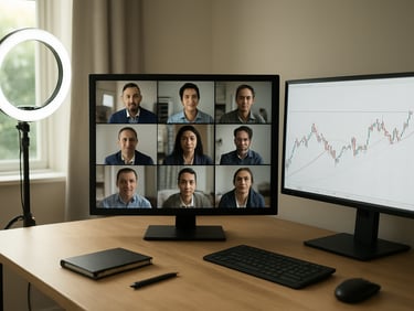 Wide-angle view of a live video call grid showing multiple traders on screen, mentor's annotated Forex chart visible on a secondary monitor, clean desk setup under daylight from a nearby window, studio-grade ring light illuminating the presenter's workspace