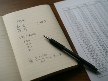 Overhead shot of a trader's open notebook with handwritten risk parameters, stop-loss levels, and position sizing calculations alongside a printed trade log, mechanical pencil resting on the page, natural window light, no screens visible