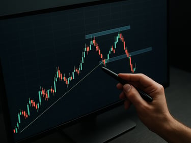 Close-up overhead shot of a professional charting platform on a widescreen monitor showing Forex pair with drawn trendlines, support and resistance zones highlighted, analyst's hand pointing at a key level with a stylus, clean dark desk surface