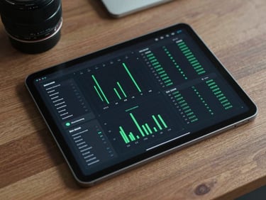 Geometric flat lay of a digital dashboard on a tablet showing compliance metrics, dark interface with bright green data lines, professional corporate setting