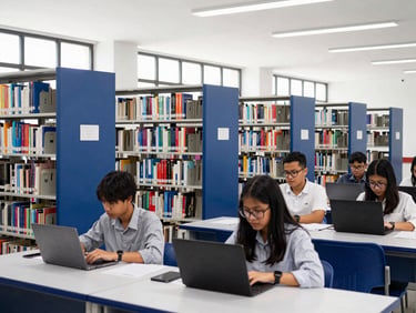 Modern Indonesian university library, soft natural light, students researching on laptops, clean academic environment.