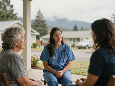 Candid medium environmental portrait of a community health worker speaking with an elder on a porch in a Pacific Northwest neighborhood, soft overcast daylight, natural warm tones.
