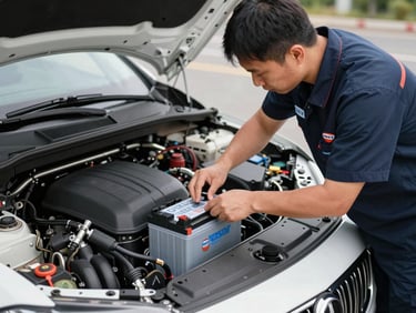 A professional technician in a clean, branded navy uniform carefully installing a premium Gulf-spec battery into a luxury vehicle engine bay, bright daylight.