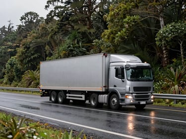 Wide environmental shot of a closed silver transport truck driving on a wet asphalt highway bordered by dense green Valdivian forest, soft overcast daylight reflecting on the wet road.