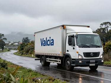 Wide environmental shot of a closed transport truck driving on wet asphalt near the Calle-Calle river in Valdivia, overcast rainy sky.