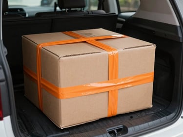 A cardboard delivery box secured with heavy-duty orange straps inside a clean vehicle cargo area, realistic reflections.