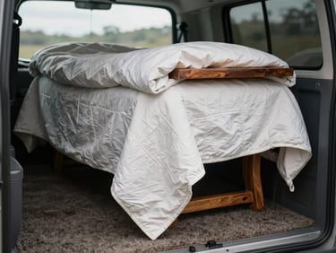 Close-up of thick protective blankets wrapping a wooden dining table inside a carpeted truck, soft overcast natural light.