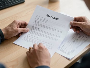 Close-up of hands reviewing official compliance documents and tax registers on a clean wooden desk under natural daylight in a Salt Lake office.